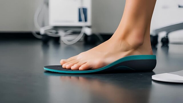 Human Foot Testing Orthopedic Support in Modern Clinic with Teal Black And White Color Scheme