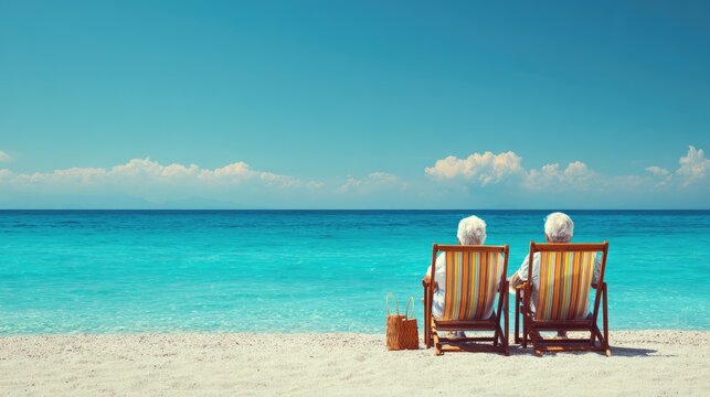 Two elderly individuals sitting on beach chairs by the ocean, enjoying the view.