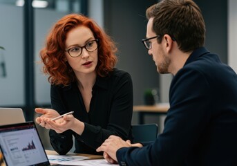 Focused business professionals collaborating on a project discussing strategy and analyzing data from a laptop screen in a modern workspace