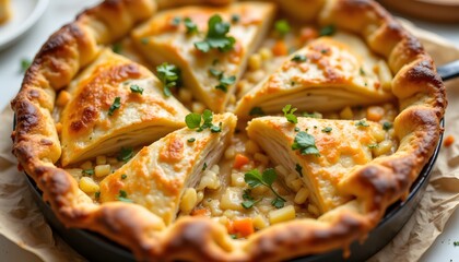 A savory pastry dish filled with tender chunks of cooked chicken, mixed vegetables, and a rich, creamy sauce, all enclosed in a flaky, golden brown crust.
