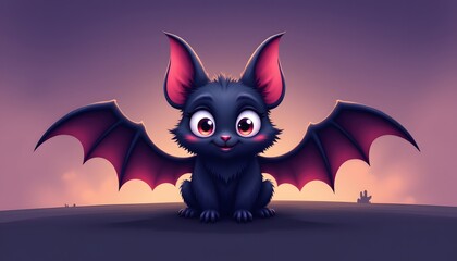 The cute cartoon bat in this illustration has big, expressive eyes and fluffy wings, standing gracefully on a plain background as the evening sky slowly darkens behind it.