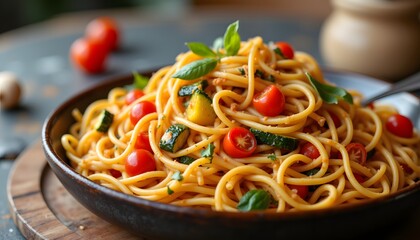 The freshly prepared spaghetti is perfectly al dente, tossed in a flavorful blend of sautéed vegetables such as bell peppers, zucchini, and cherry tomatoes