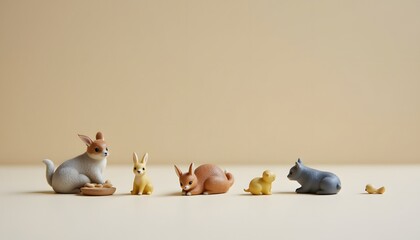 Small figurines depicting animals engaged in daily activities such as eating, sleeping, and playing.