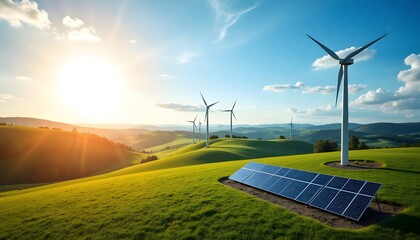 The bright sun shines down on the countryside as wind turbines gently spin and solar panels soak up its rays, converting the natural elements into clean