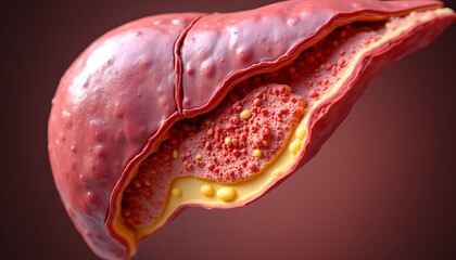 The realistic illustration of a cirrhotic liver structure shows significant scarring and distortion of the tissue, with nodules forming due to the liver's attempt to regenerate damaged cells