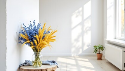 The white textured wall serves as a perfect backdrop for the striking contrast between the vibrant blue and sunny yellow wheat stalks arranged in a harmonious bouquet