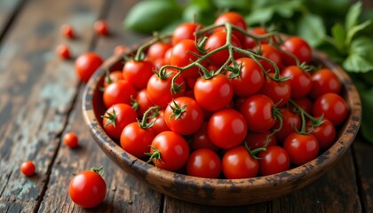 A rustic wooden bowl filled with vibrant red cherry tomatoes, carefully arranged on a weathered wooden table, creating a visually appealing and appetizing display.