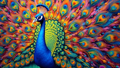 The peacock on the wall was a stunning display of vibrant colors, with its feathers cascading out in intricate patterns and swirls, capturing the essence of the majestic bird in all its glory.