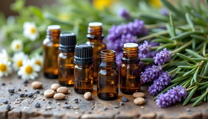 Close up image of various essential oil bottles in vibrant colors, surrounded by fresh lavender, rosemary, and chamomile herbs, all arranged on a weathered wooden table