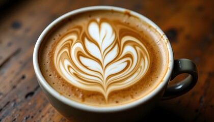 A stunning piece of coffee art featuring intricate foam designs of swirled patterns and delicate leaf shapes, creating an elegant and visually appealing masterpiece on top of a smooth cappuccino.
