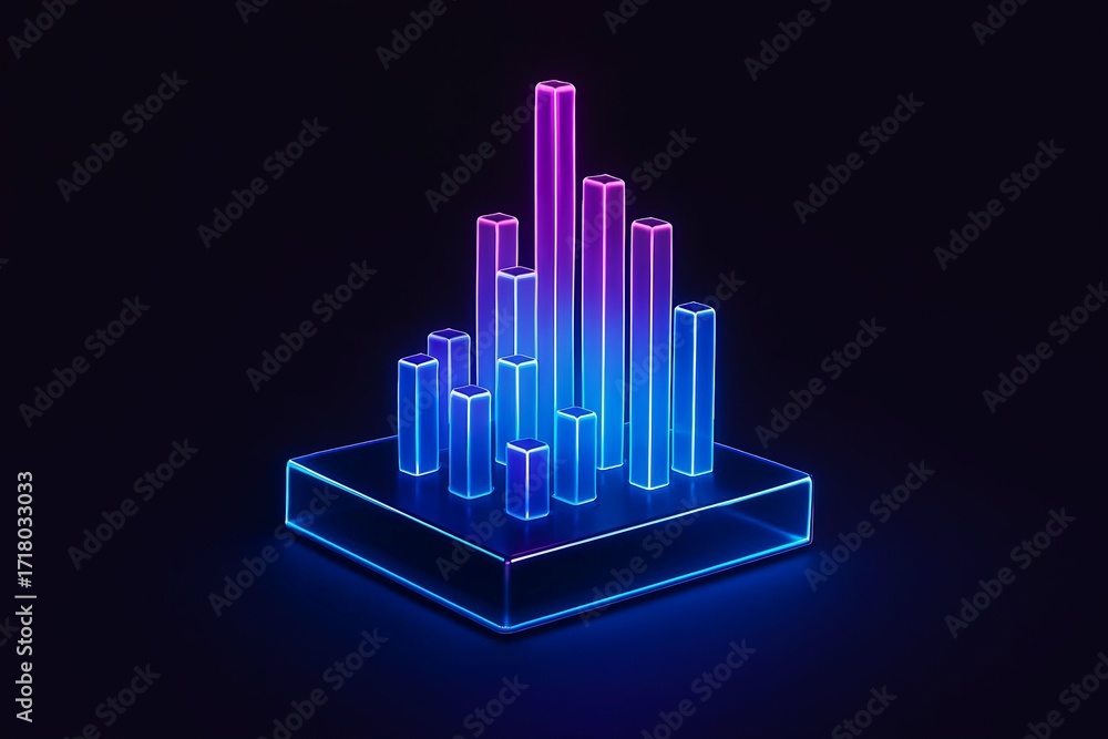 Poster abstract glowing neon light bars in a futuristic cityscape or data visualization on a dark backgroun