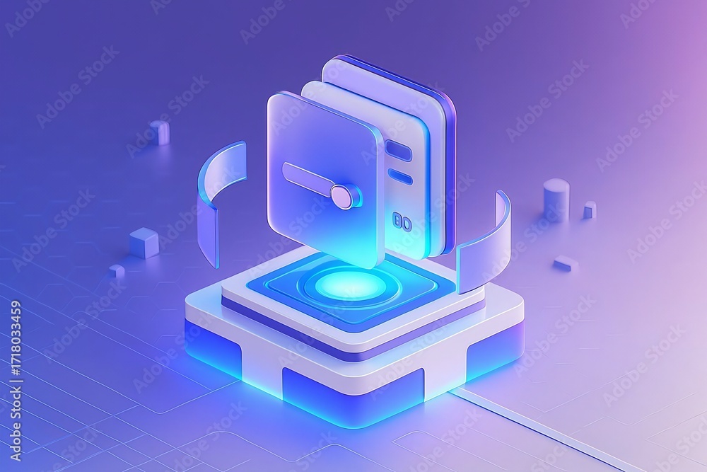 Poster futuristic digital data storage and retrieval system with glowing blue light and isometric perspecti
