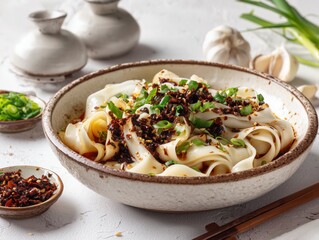 Close up of biang biang noodles in a bowl with chili oil and scallions on a white surface