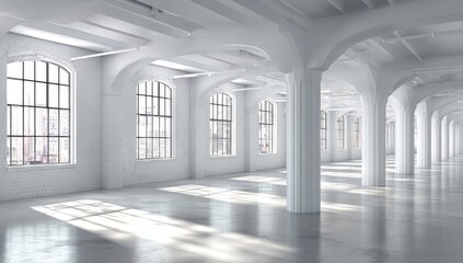 A spacious, sunlit industrial space boasts high ceilings, rows of arched windows, and numerous supporting columns, evoking a sense of grandeur and airy elegance.