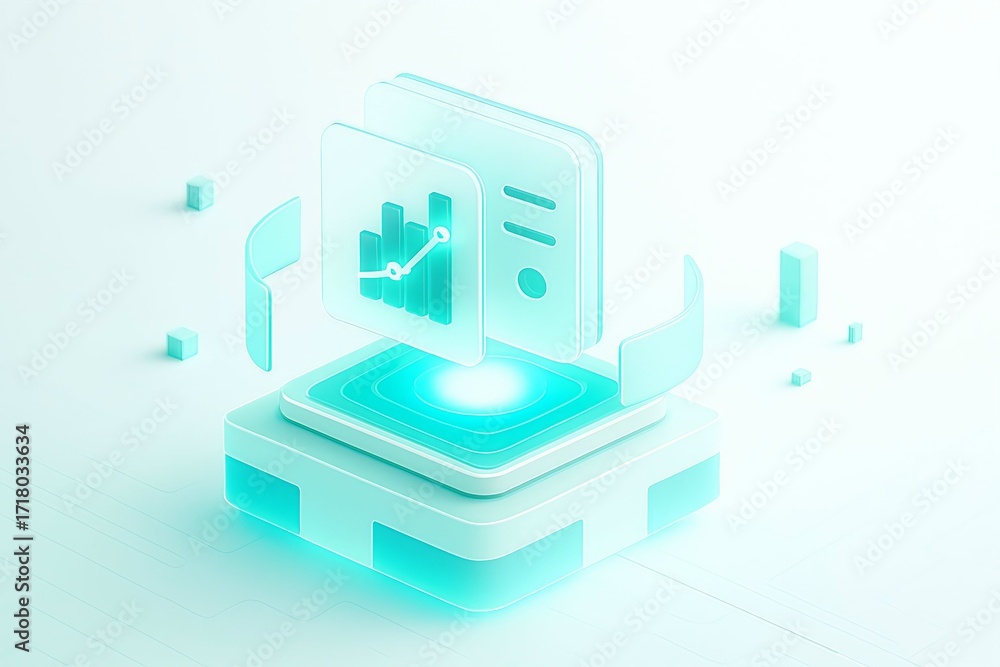 Poster futuristic holographic display projecting data and charts in a clean bright technological environmen