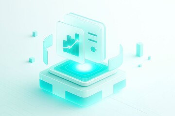 Futuristic holographic display projecting data and charts in a clean bright technological environment