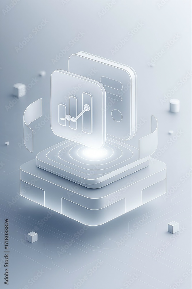 Poster abstract 3d rendering of glowing ice cubes and geometric shapes with a futuristic digital aesthetic