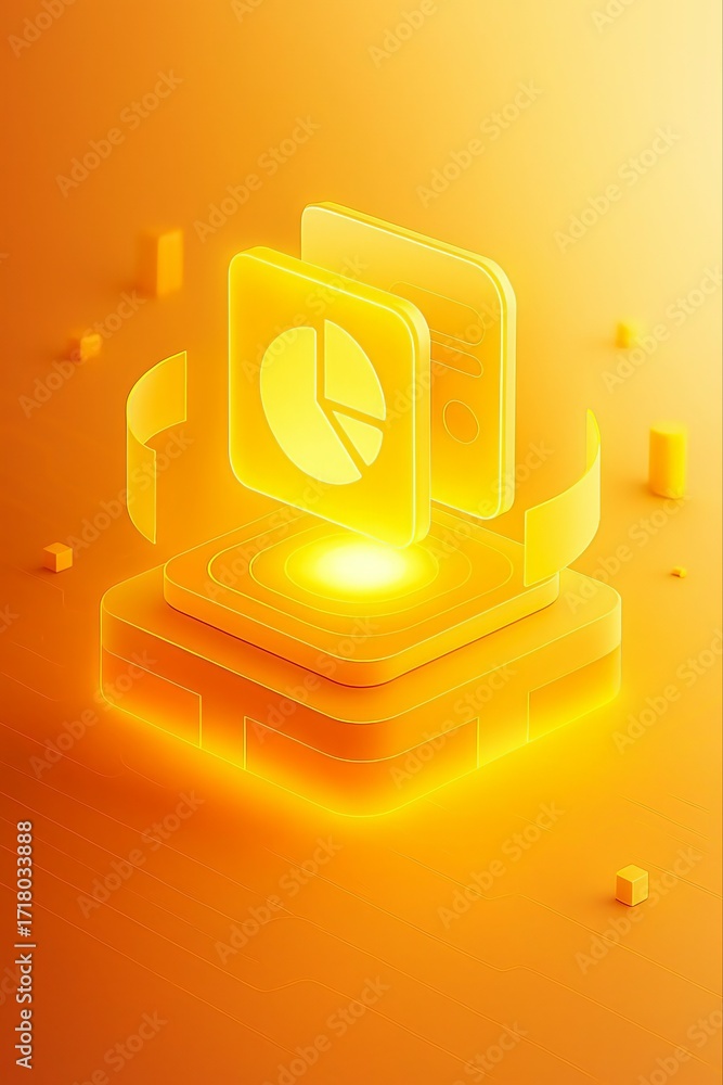 Poster glowing abstract 3d render of stacked translucent cubes with a pie chart on the front cube illuminat