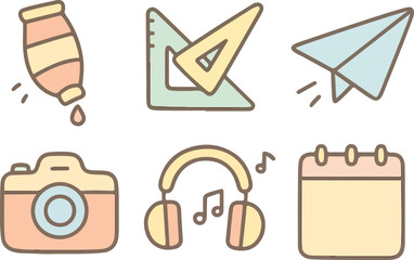 Collection of cute pastel-colored icons, including stationery, music, and travel items.