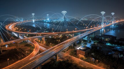 A modern, futuristic cityscape with a large, curved bridge spanning a river at night, illuminated by numerous lights and connected by a network of Wi-Fi signals.