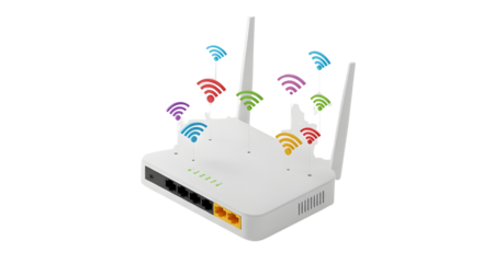 White Wireless Router Device Broadcasting Colorful Wi-Fi Signal Waves Illustration isolated PNG with Transparent Background