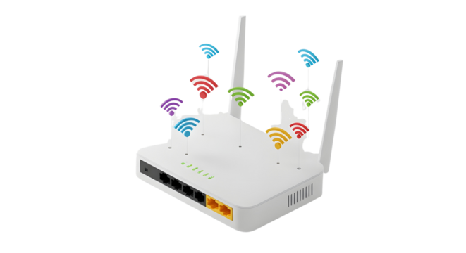 White Wireless Router Device Broadcasting Colorful Wi-Fi Signal Waves Illustration isolated PNG with Transparent Background