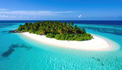 Aerial view of tropical island with white sand beach, and turquoise water.