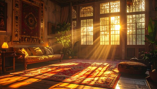 Warmly lit room with sunlight streaming through ornate windows, casting rays on red patterned rug, wooden bench with cushions, tapestry, and potted plants, evoking cozy and peaceful interior ambiance.