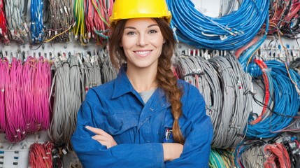 A smiling woman in a blue coverall standing in front of a wall of colorful cables.