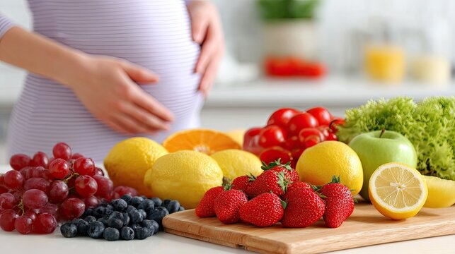 A pregnant woman standing in a kitchen with a variety of fruits and vegetables on a wooden cutting board.