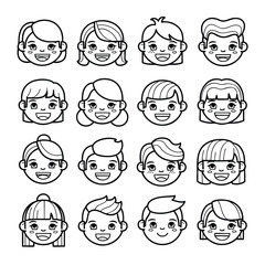 Set of sixteen smiling cartoon childrens faces in a black and white line art icon style.