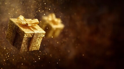A shimmering golden gift box floats amidst sparkling particles on a luxurious dark background