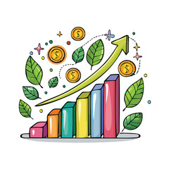Colorful cartoon bar graph with upward trending arrow surrounded by leaves coins and stars growth finance