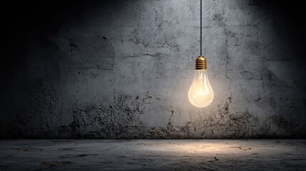 A single light bulb hanging from a wire against a dark, textured wall.