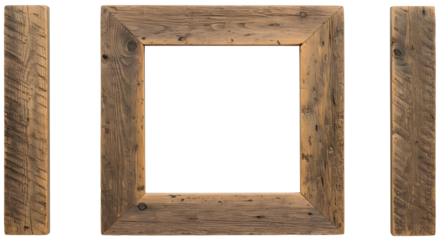 Rustic weathered wooden square frame and boards isolated PNG with Transparent Background