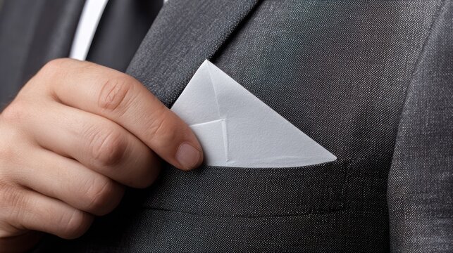 Hand placing pocket square in suit