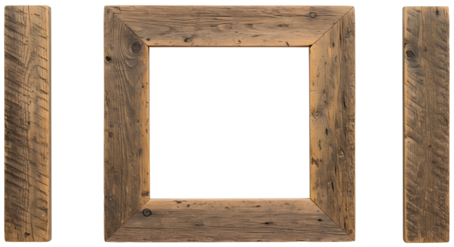 Rustic weathered wooden square frame and boards isolated PNG with Transparent Background