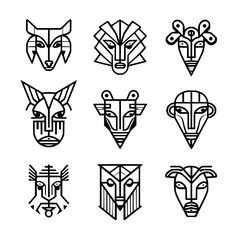 Tribal mask vector set african art design ethnic totem face illustration geometric shapes line art drawing 100