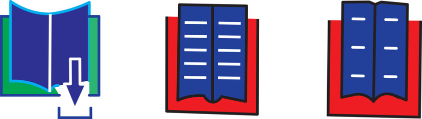 Book line icon set. Set of 24 outline icons related to the book. Library book symbol. Open and close textbook