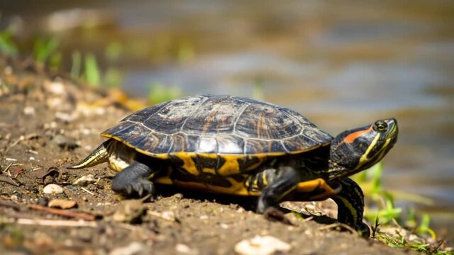 Red Eared Slider Turtle Basking near River Bank with Green Grass and Bright Lighting on Dirt Ground Close Up View Nature Wildlife Photography