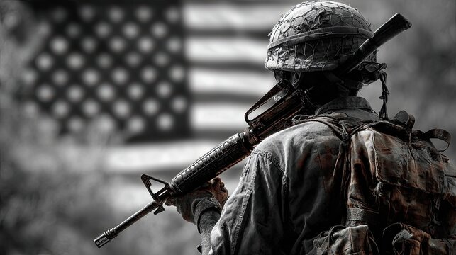 A soldier in full gear, holding a rifle, stands in front of an American flag. The soldier's uniform is camouflage, and the rifle is a M4 carbine. T