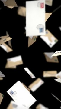 Cascading diverse brown and white envelopes with intricate stamps tumble against a deep black cyclorama, soft bokeh and shadows, slow dolly out, concept of mail delivery and communication