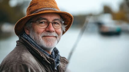 Fishing adventure with a smiling senior lake serenity portrait photography tranquil waters close-up joyful hobby