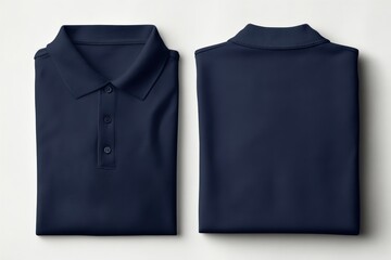 Two neatly folded navy blue polo shirts, one showing the front and the other showing the back, placed on a light background