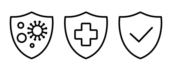 Antibacterial protection line icons, insurance health, immune system, medical health protection shield, healthcare medicine protected guard shield concept, safety badge icon, security safeguard label