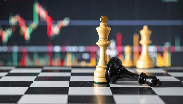 Chessboard with white king upright, black king toppled, and white queen in background, set against digital screen showing colorful financial charts, symbolizing strategic victory and market analysis.