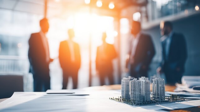 A group of business professionals discuss a modern architectural model in a sunlit office environment