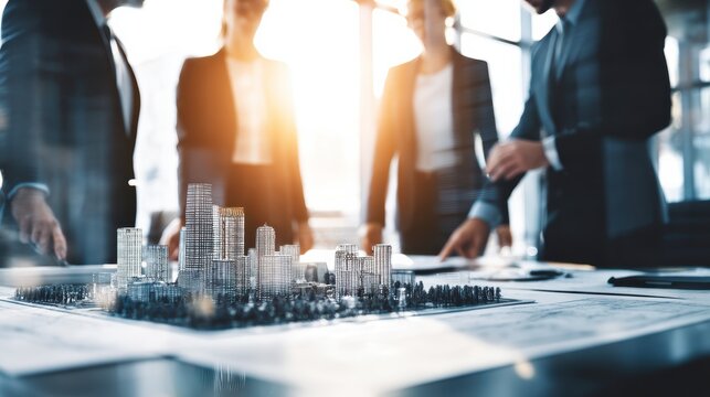 Business professionals discuss a cityscape architectural model in a modern, sunlit office environment - Powered by Adobe