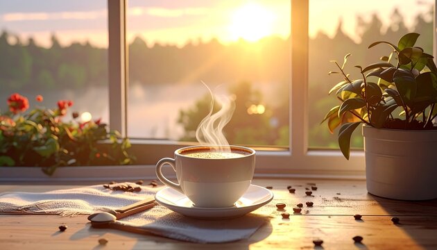 Steaming cup of coffee on a wooden surface outdoors during sunrise, with cinnamon sticks and scattered coffee beans on burlap cloth, evoking warmth and peaceful morning ambiance.