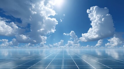 Solar panels stretch under a bright blue sky with scattered clouds, reflecting sunlight and symbolizing clean, renewable energy